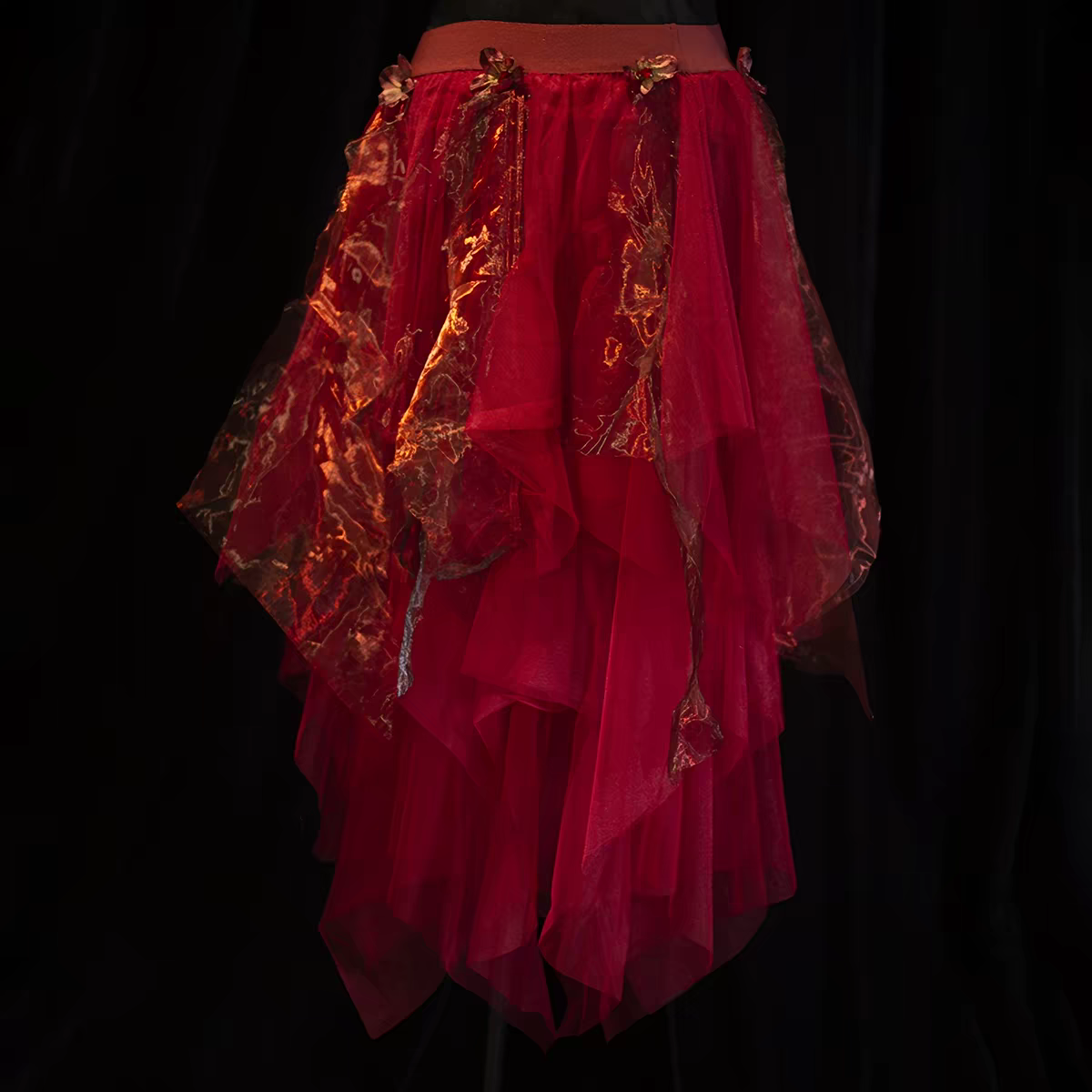 Elaborate Fiery Rose Red Strapless Two-Piece 3D Red Rose Floral Beaded Corset Top Irregular Gold Vein Print Asymmetrical Tulle A Line Midi Skirt Homecoming Dress AS1033