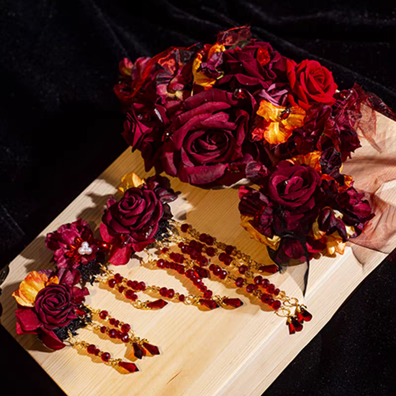 Elaborate Fiery Rose Red Strapless Two-Piece 3D Red Rose Floral Beaded Corset Top Irregular Gold Vein Print Asymmetrical Tulle A Line Midi Skirt Homecoming Dress AS1033