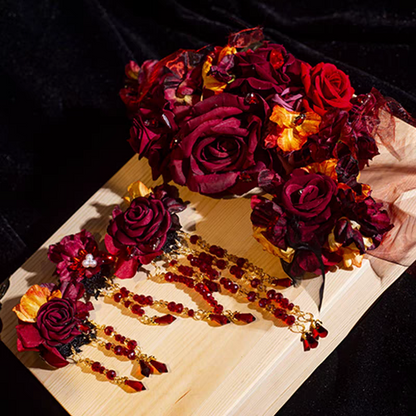 Elaborate Fiery Rose Red Strapless Two-Piece 3D Red Rose Floral Beaded Corset Top Irregular Gold Vein Print Asymmetrical Tulle A Line Midi Skirt Homecoming Dress AS1033
