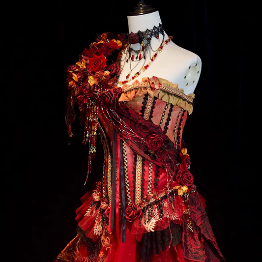 Elaborate Fiery Rose Red Strapless Two-Piece 3D Red Rose Floral Beaded Corset Top Irregular Gold Vein Print Asymmetrical Tulle A Line Midi Skirt Homecoming Dress AS1033