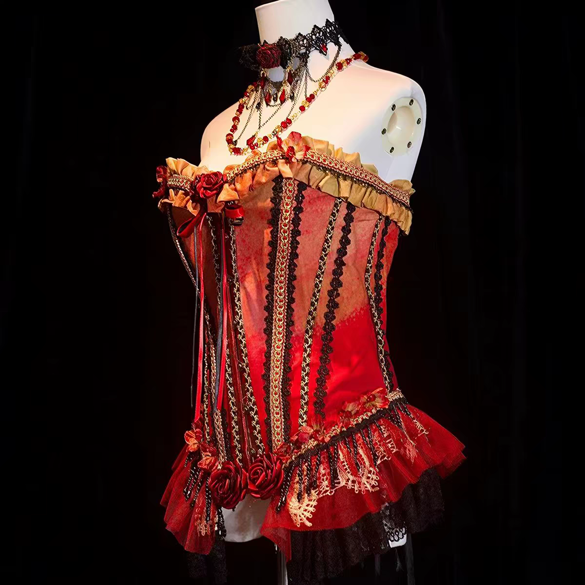 Elaborate Fiery Rose Red Strapless Two-Piece 3D Red Rose Floral Beaded Corset Top Irregular Gold Vein Print Asymmetrical Tulle A Line Midi Skirt Homecoming Dress AS1033