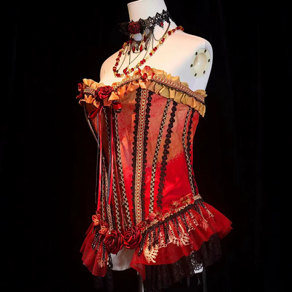 Elaborate Fiery Rose Red Strapless Two-Piece 3D Red Rose Floral Beaded Corset Top Irregular Gold Vein Print Asymmetrical Tulle A Line Midi Skirt Homecoming Dress AS1033