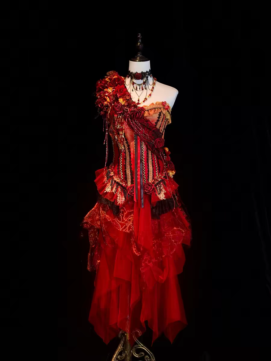 Elaborate Fiery Rose Red Strapless Two-Piece 3D Red Rose Floral Beaded Corset Top Irregular Gold Vein Print Asymmetrical Tulle A Line Midi Skirt Homecoming Dress AS1033
