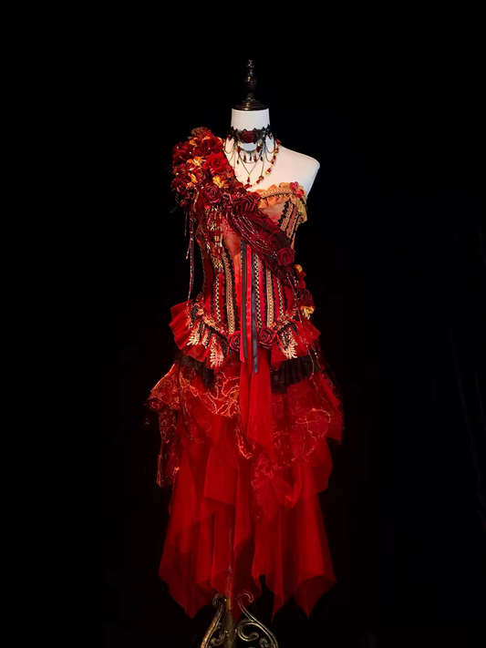 Elaborate Fiery Rose Red Strapless Two-Piece 3D Red Rose Floral Beaded Corset Top Irregular Gold Vein Print Asymmetrical Tulle A Line Midi Skirt Homecoming Dress AS1033