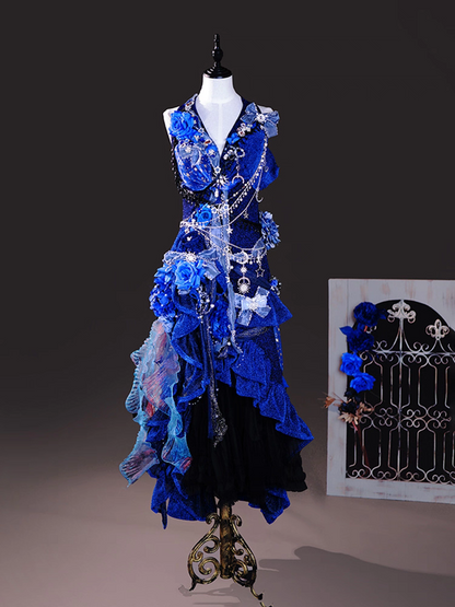 Elaborate Royal Blue Halter V Neck Glitter Star Moon Charm Chain 3D Blue Rose Floral Asymmetric Ruffle Mermaid High-Low Hem Homecoming Dress AS1034