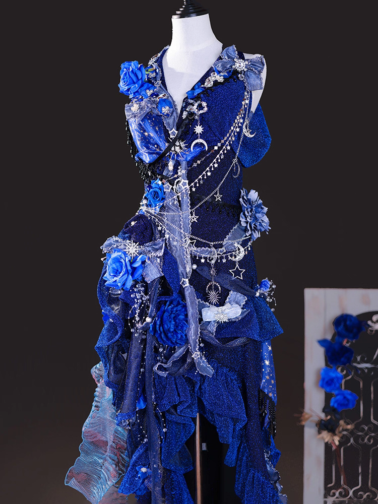Elaborate Royal Blue Halter V Neck Glitter Star Moon Charm Chain 3D Blue Rose Floral Asymmetric Ruffle Mermaid High-Low Hem Homecoming Dress AS1034
