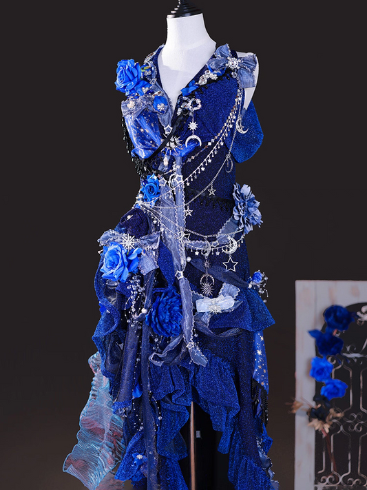 Elaborate Royal Blue Halter V Neck Glitter Star Moon Charm Chain 3D Blue Rose Floral Asymmetric Ruffle Mermaid High-Low Hem Homecoming Dress AS1034