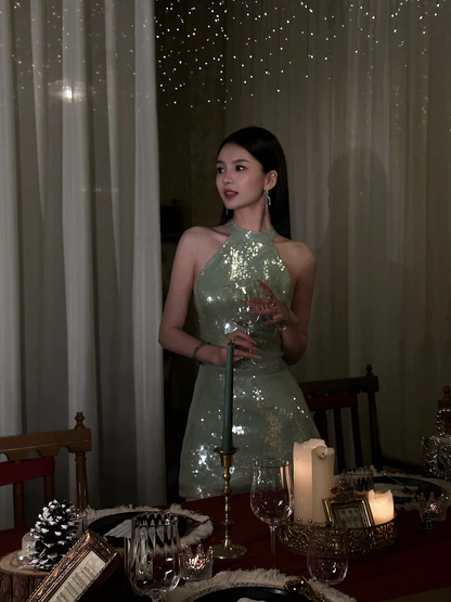 Luxuriant Mint Green Halter Shiny Sequins A Line Mini Homecoming Dress AS1035
