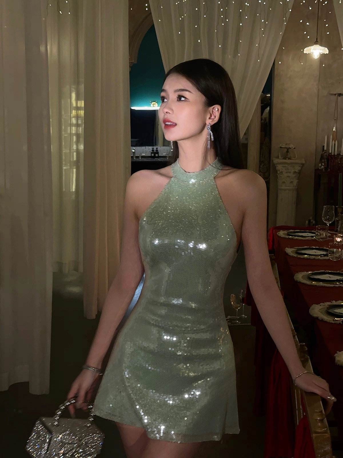 Luxuriant Mint Green Halter Shiny Sequins A Line Mini Homecoming Dress AS1035
