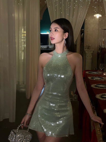 Luxuriant Mint Green Halter Shiny Sequins A Line Mini Homecoming Dress AS1035