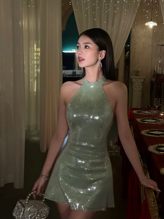 Luxuriant Mint Green Halter Shiny Sequins A Line Mini Homecoming Dress AS1035