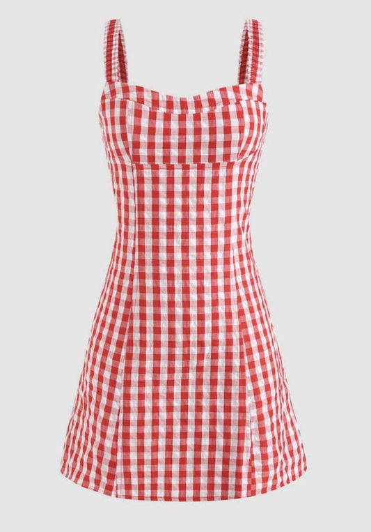 Sweet Red White Gingham Stretch Straps A-Line Short Homecoming Dress AS1036