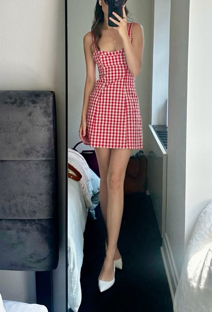 Sweet Red White Gingham Stretch Straps A-Line Short Homecoming Dress AS1036