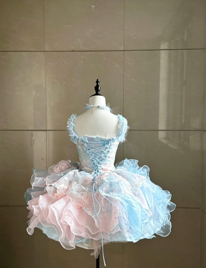 Dreamy Pink Blue Ombre Watercolor 3D Floral Appliqué Straps Multi-Tier Ruffle Tulle Short A Line Tea Party Homecoming Dress AS1037
