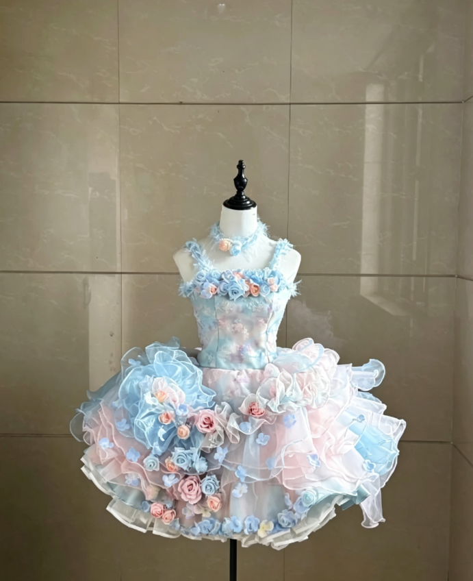 Dreamy Pink Blue Ombre Watercolor 3D Floral Appliqué Straps Multi-Tier Ruffle Tulle Short A Line Tea Party Homecoming Dress AS1037