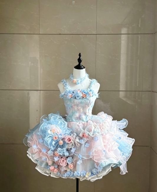 Dreamy Pink Blue Ombre Watercolor 3D Floral Appliqué Straps Multi-Tier Ruffle Tulle Short A Line Tea Party Homecoming Dress AS1037