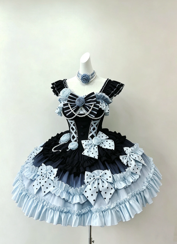 Chic Black Baby Blue Color Block Straps Ruffle Trim Polka Dot Big Bow 3D Rose Multi-Tier Ruffle A Line Short Homecoming Dress Dress AS1039