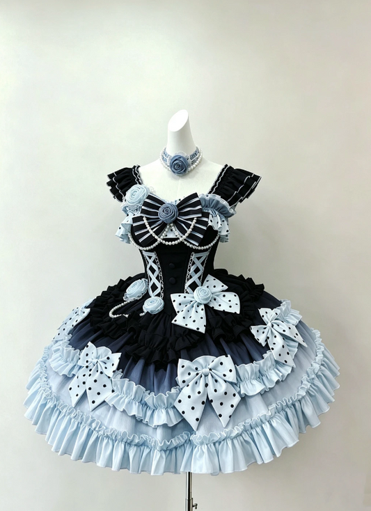 Chic Black Baby Blue Color Block Straps Ruffle Trim Polka Dot Big Bow 3D Rose Multi-Tier Ruffle A Line Short Homecoming Dress Dress AS1039
