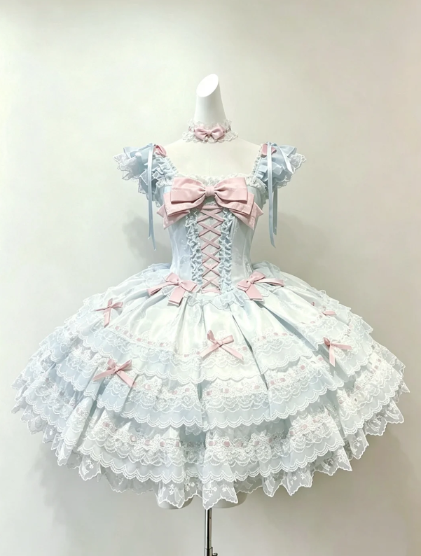 Dreamy Light Blue Straps Front Lace-Up Corset Bow Multi-Layer Lace Ruffle Short A Line Short Homecoming Dress AS1040