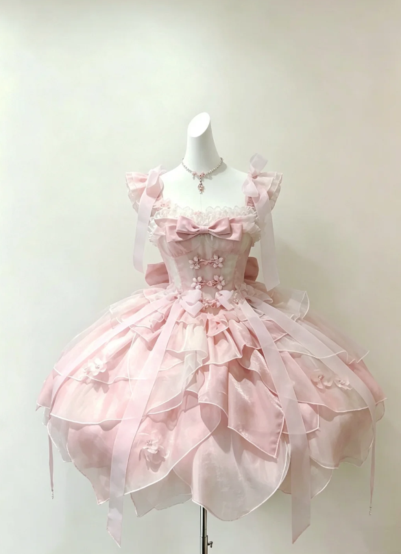 Ethereal Light Pink Straps 3D Flower Appliqué Sheer Bow Multi-Tier Ruffle Short A Line Homecoming Dress AS1042
