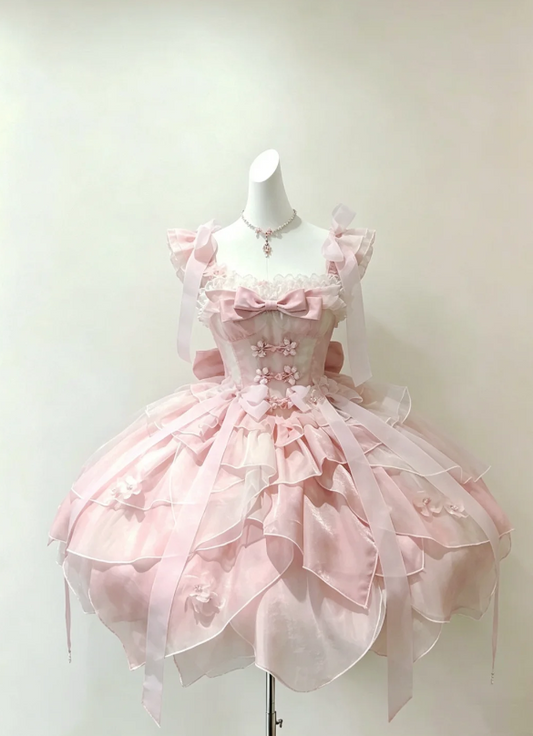 Ethereal Light Pink Straps 3D Flower Appliqué Sheer Bow Multi-Tier Ruffle Short A Line Homecoming Dress AS1042