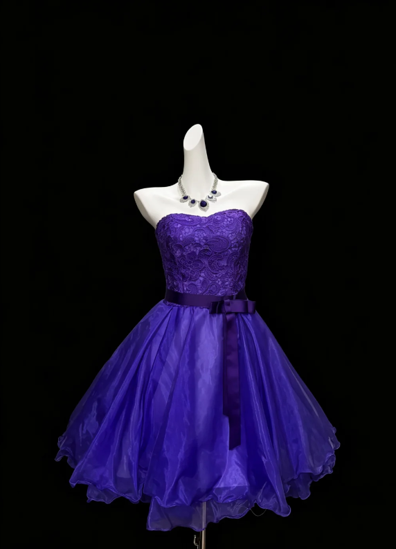Rich Dark Purple Strapless Lace Bodice Satin Waist Tie Bow Multi-Tier Floating Organza Short A Line Homecoming Dress AS1041