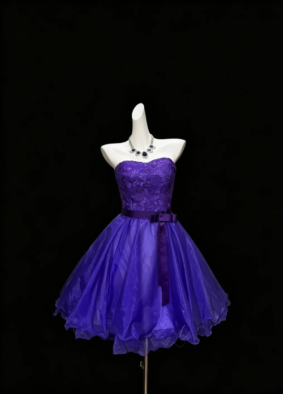 Rich Dark Purple Strapless Lace Bodice Satin Waist Tie Bow Multi-Tier Floating Organza Short A Line Homecoming Dress AS1041