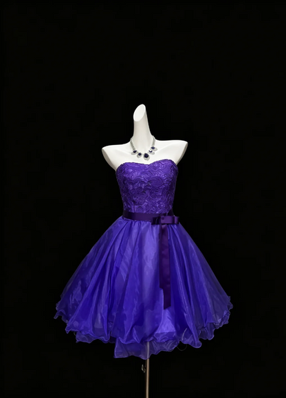 Rich Dark Purple Strapless Lace Bodice Satin Waist Tie Bow Multi-Tier Floating Organza Short A Line Homecoming Dress AS1041