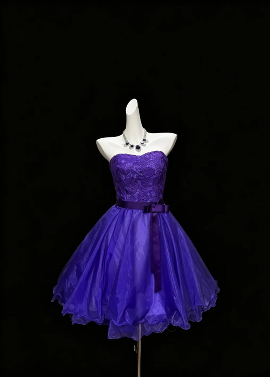 Rich Dark Purple Strapless Lace Bodice Satin Waist Tie Bow Multi-Tier Floating Organza Short A Line Homecoming Dress AS1046