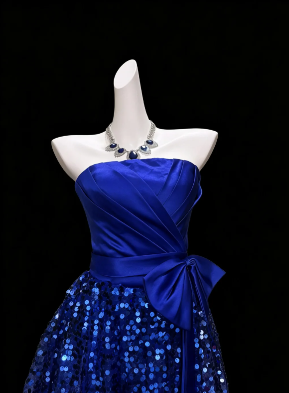 Luxuriant Royal Blue Strapless Cross Draped Satin Bodice Waist Belt Big Bow Sparkle Sequin Short A Line Skirt Homecoming Dress AS1042