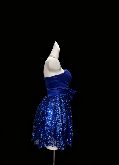 Luxuriant Royal Blue Strapless Cross Draped Satin Bodice Waist Belt Big Bow Sparkle Sequin Short A Line Skirt Homecoming Dress AS1042