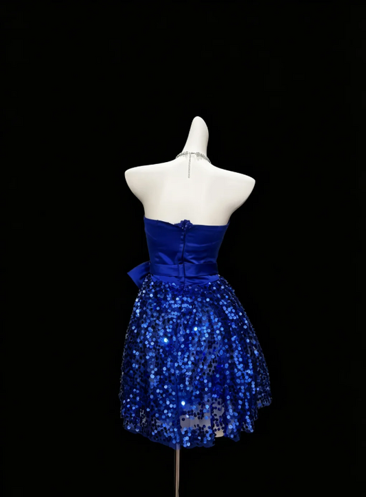Luxuriant Royal Blue Strapless Cross Draped Satin Bodice Waist Belt Big Bow Sparkle Sequin Short A Line Skirt Homecoming Dress AS1047