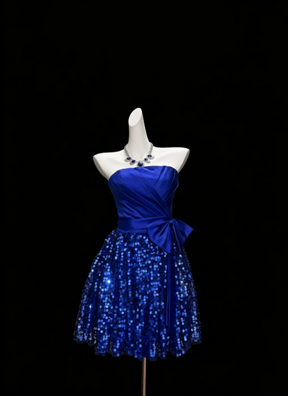 Luxuriant Royal Blue Strapless Cross Draped Satin Bodice Waist Belt Big Bow Sparkle Sequin Short A Line Skirt Homecoming Dress AS1042