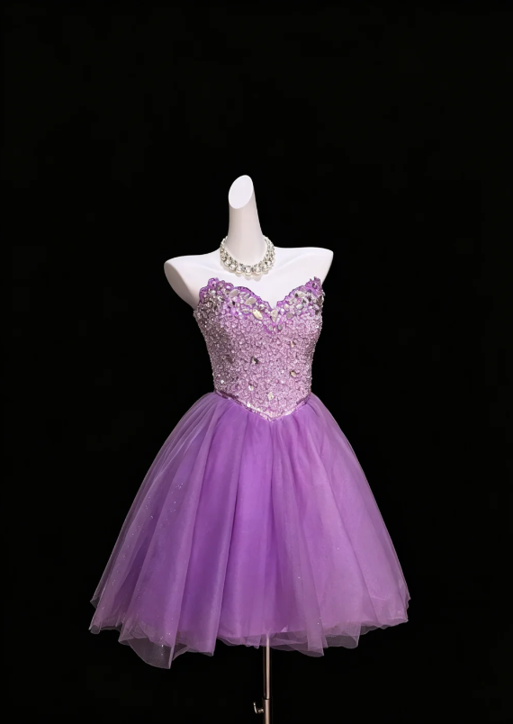Luminous Lavender Strapless Sweetheart Neck Full Rhinestone Crystal Beaded Bodice Multi-Tier Glitter Tulle Short A Line Homecoming Dress AS1043