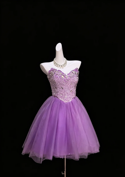 Luminous Lavender Strapless Sweetheart Neck Full Rhinestone Crystal Beaded Bodice Multi-Tier Glitter Tulle Short A Line Homecoming Dress AS1043