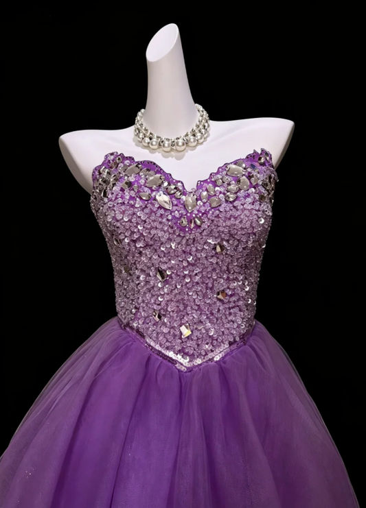 Luminous Lavender Strapless Sweetheart Neck Full Rhinestone Crystal Beaded Bodice Multi-Tier Glitter Tulle Short A Line Homecoming Dress AS1048