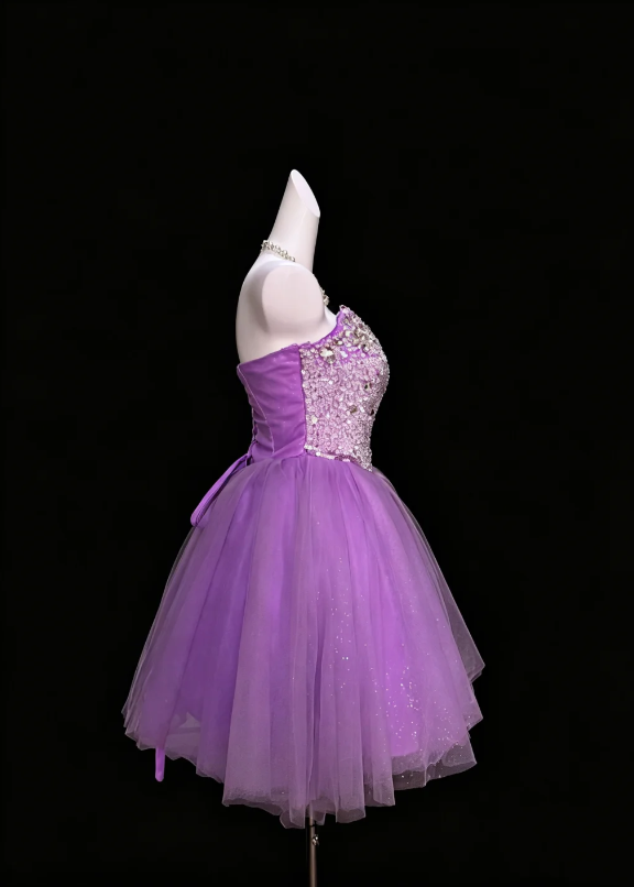 Luminous Lavender Strapless Sweetheart Neck Full Rhinestone Crystal Beaded Bodice Multi-Tier Glitter Tulle Short A Line Homecoming Dress AS1043