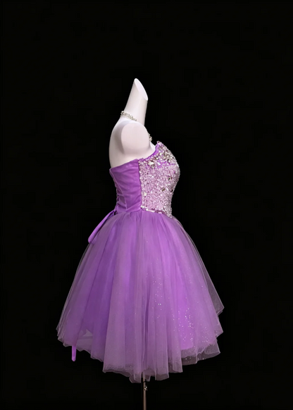 Luminous Lavender Strapless Sweetheart Neck Full Rhinestone Crystal Beaded Bodice Multi-Tier Glitter Tulle Short A Line Homecoming Dress AS1043