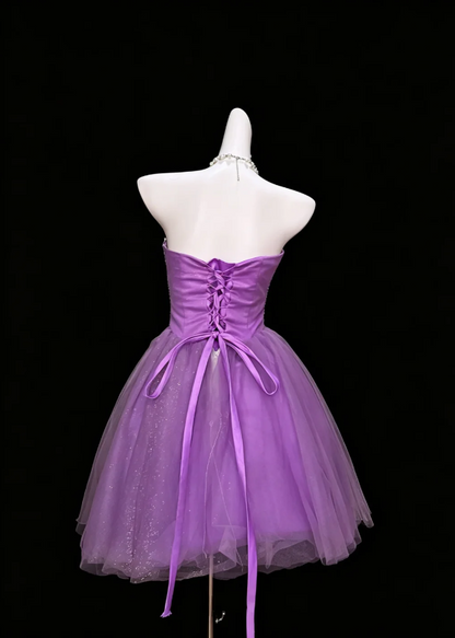 Luminous Lavender Strapless Sweetheart Neck Full Rhinestone Crystal Beaded Bodice Multi-Tier Glitter Tulle Short A Line Homecoming Dress AS1043