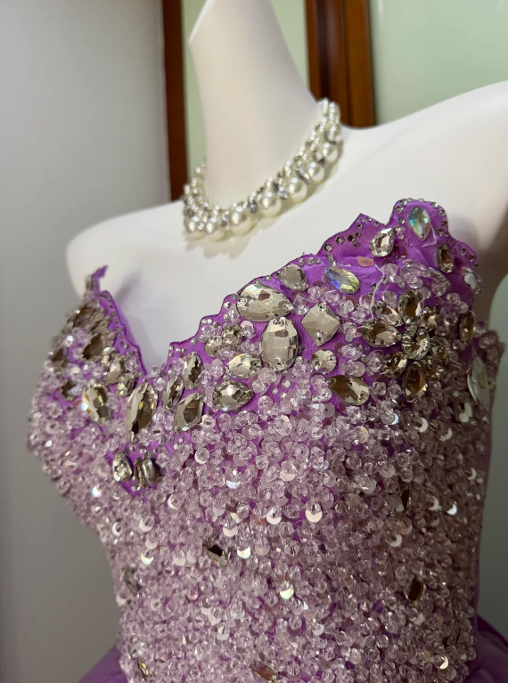 Luminous Lavender Strapless Sweetheart Neck Full Rhinestone Crystal Beaded Bodice Multi-Tier Glitter Tulle Short A Line Homecoming Dress AS1043