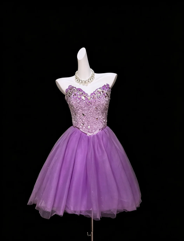 Luminous Lavender Strapless Sweetheart Neck Full Rhinestone Crystal Beaded Bodice Multi-Tier Glitter Tulle Short A Line Homecoming Dress AS1043