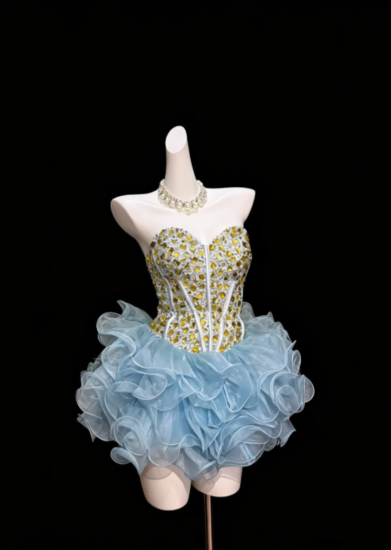 Chic Blue Strapless Sweetheart Neck Rhinestone Corset Multi-Tier Edge Ruffle Organza Short Bubble Homecoming Dress AS1044