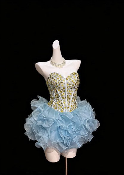 Chic Blue Strapless Sweetheart Neck Rhinestone Corset Multi-Tier Edge Ruffle Organza Short Bubble Homecoming Dress AS1044