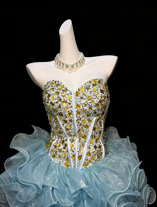 Chic Blue Strapless Sweetheart Neck Rhinestone Corset Multi-Tier Edge Ruffle Organza Short Bubble Homecoming Dress AS1044