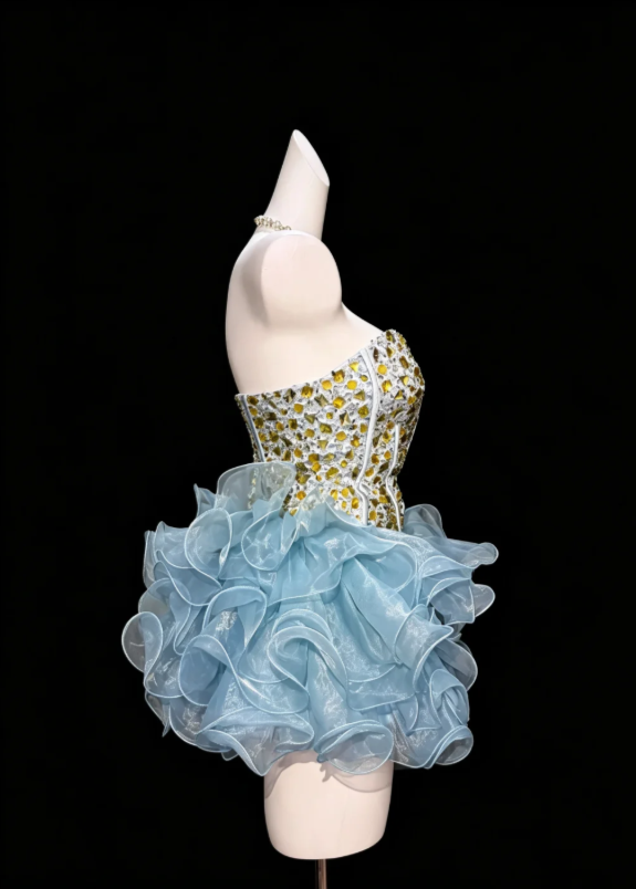 Chic Blue Strapless Sweetheart Neck Rhinestone Corset Multi-Tier Edge Ruffle Organza Short Bubble Homecoming Dress AS1044
