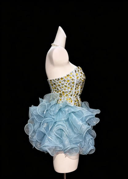 Chic Blue Strapless Sweetheart Neck Rhinestone Corset Multi-Tier Edge Ruffle Organza Short Bubble Homecoming Dress AS1044