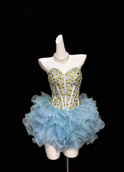 Chic Blue Strapless Sweetheart Neck Rhinestone Corset Multi-Tier Edge Ruffle Organza Short Bubble Homecoming Dress AS1044