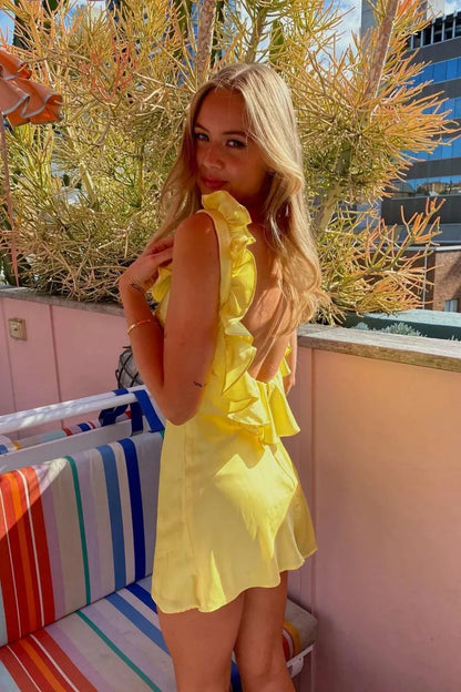 Chic Sheath V Neck Yellow Short Homecoming Dress With Ruffles AS105