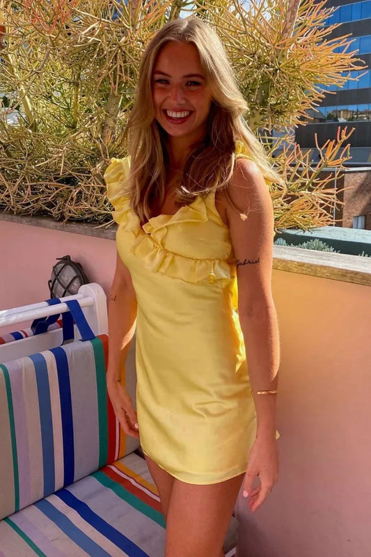 Chic Sheath V Neck Yellow Short Homecoming Dress With Ruffles AS105
