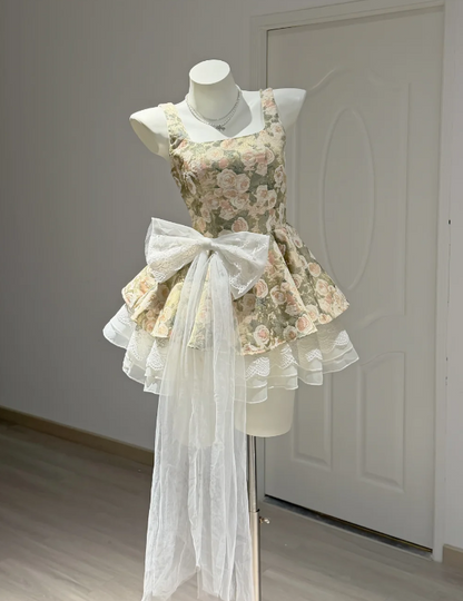 Vintage Floral Print Square Neck Straps White Lace Long Tail Bow Detail Multi-Tier Lace Ruffle A Line Short Homecoming Dress AS1051
